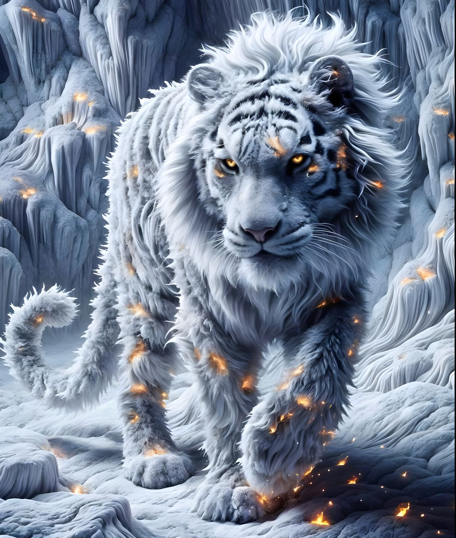 Majestic Snow Tiger Composed of Radiant White Flames