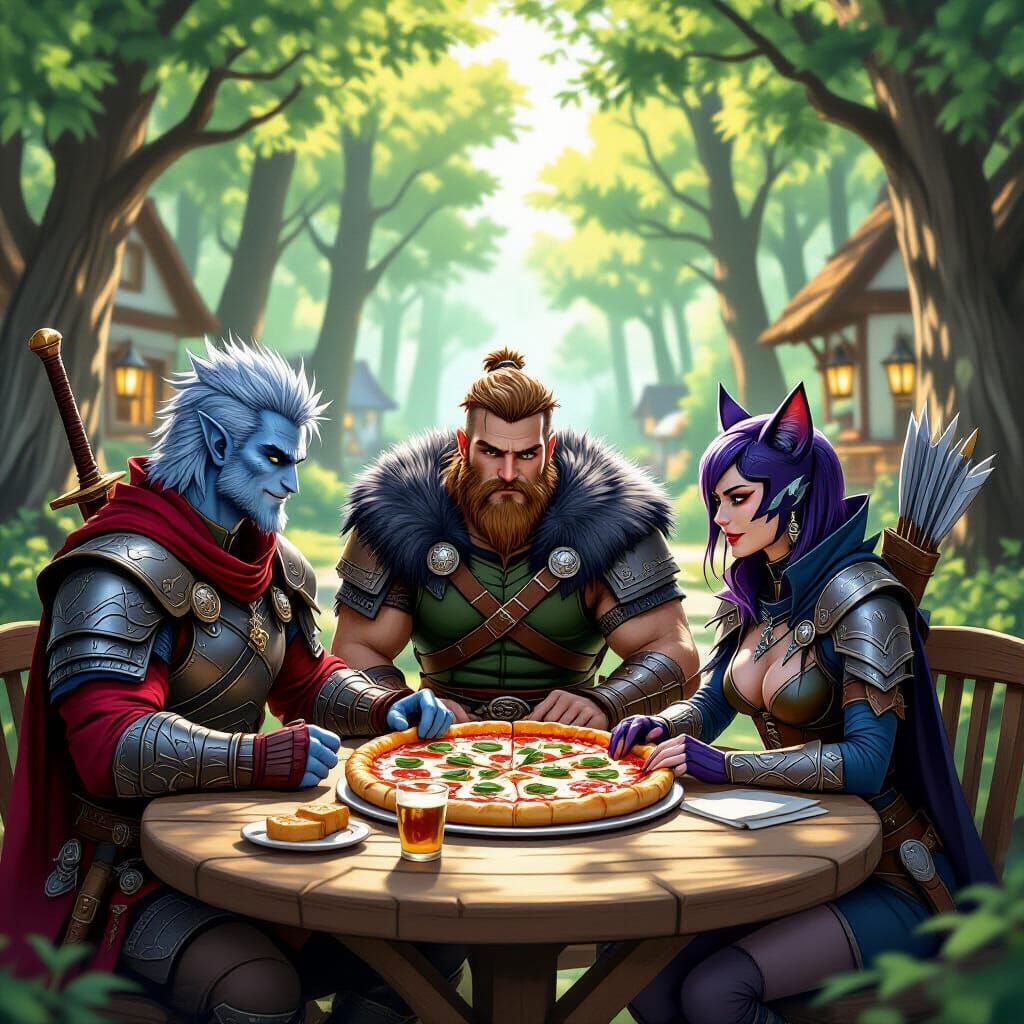 Fantasy Adventurers Enjoy Pizza After Quest