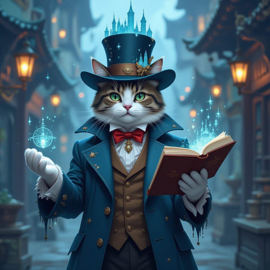 Plush Feline Merchant in Mythpunk Tech Coat