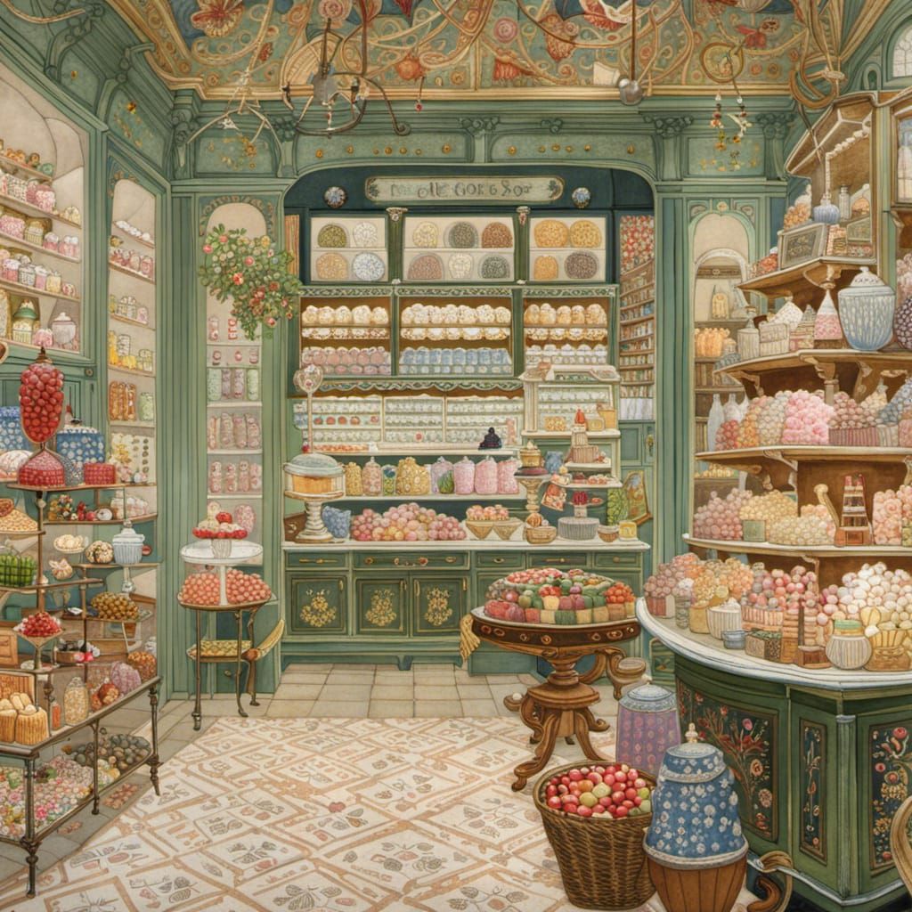 Intricate Candy Shop Illustration in Vintage Style