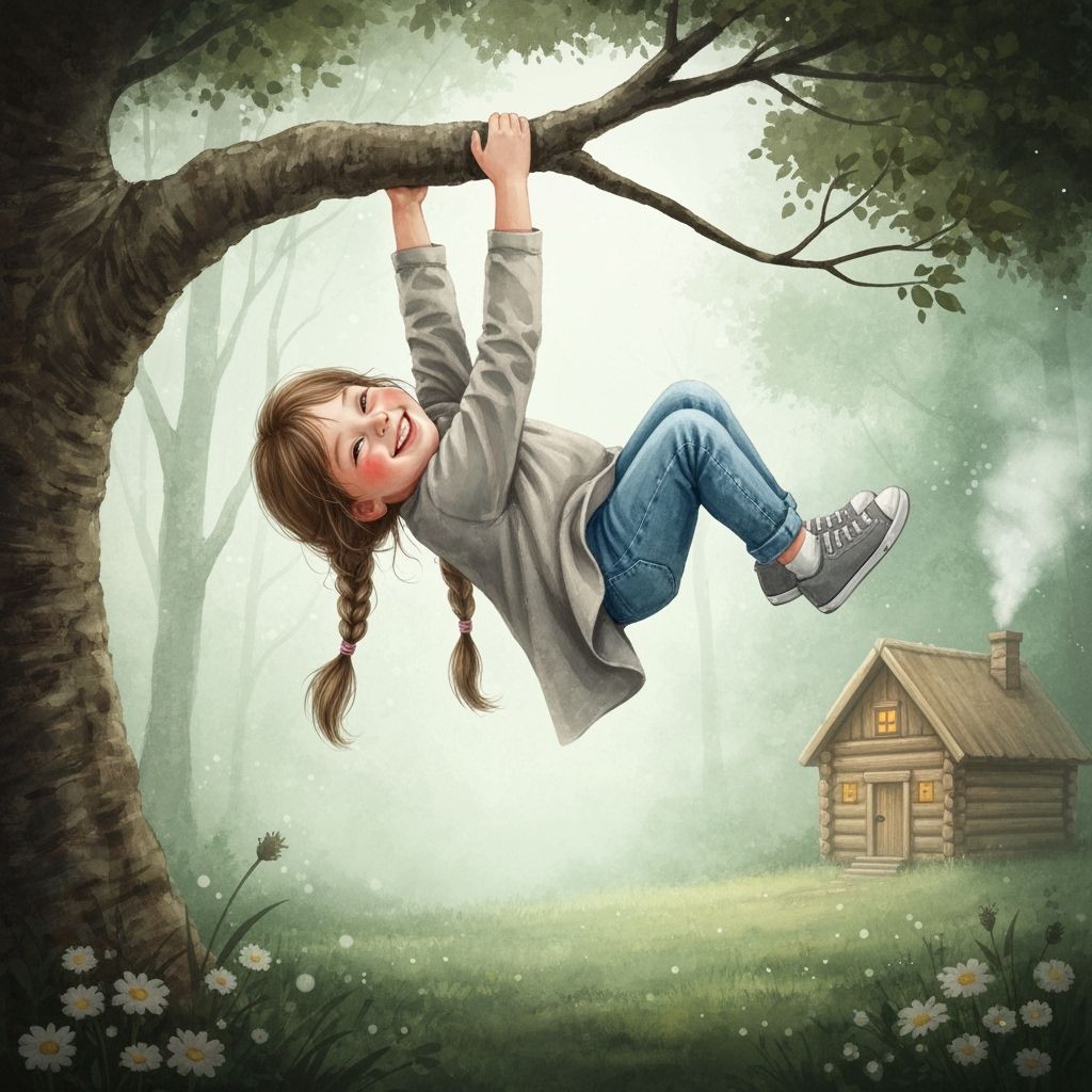 Watercolor Girl Hangs Upside Down From Tree