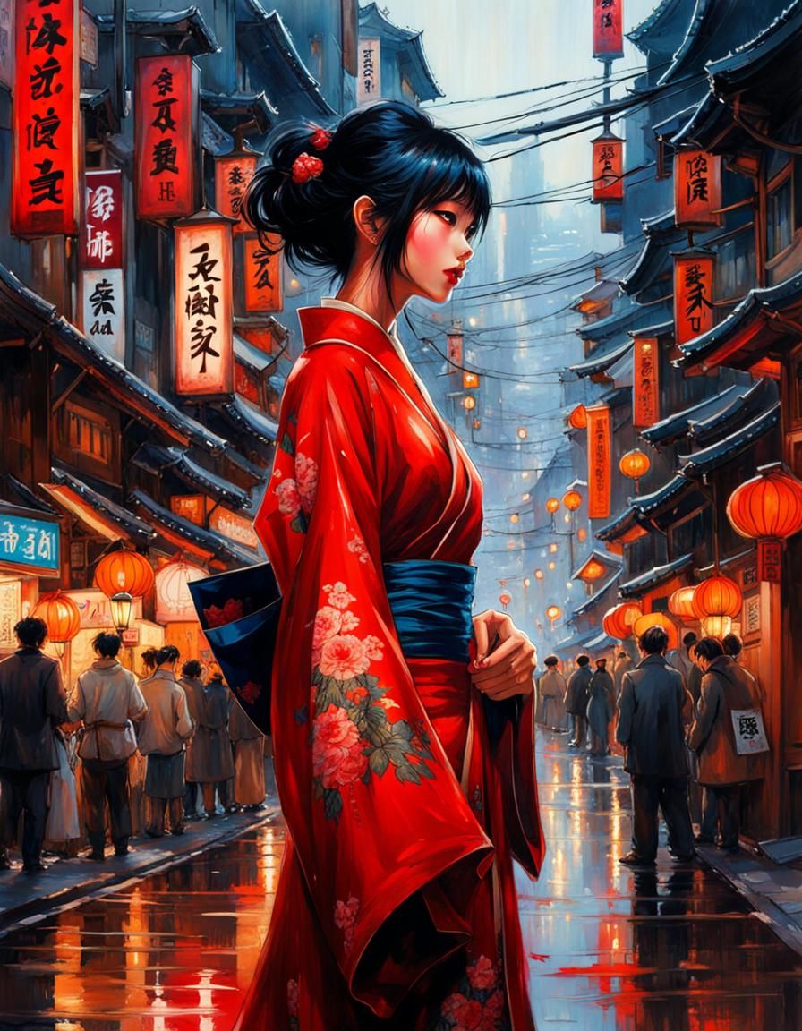 Beautiful Japanese Girl in Tokyo Street, Splash Art