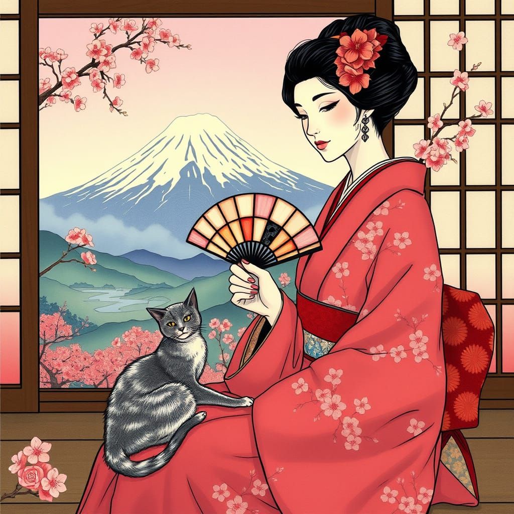 Serene Geisha in Ukiyo-e Style Admires Mount Fuji