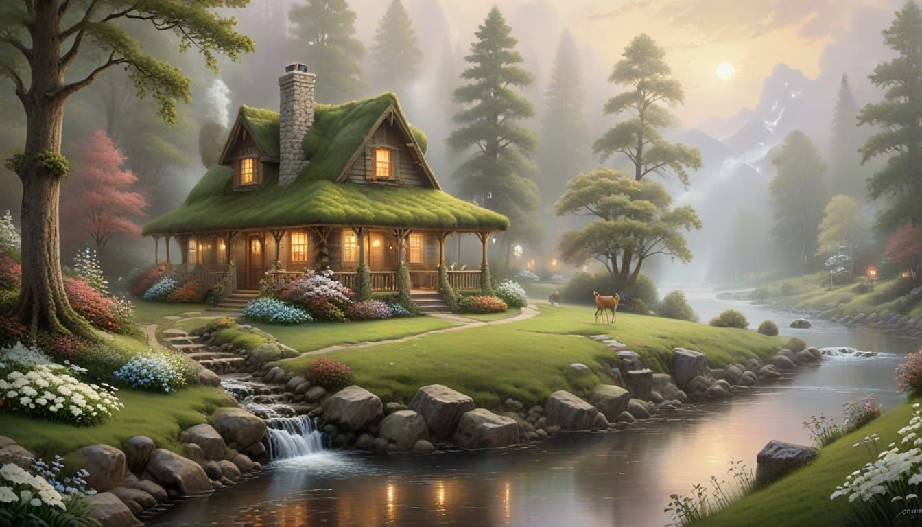 Cozy Cabin Overlooking Stream in Fantasy Style