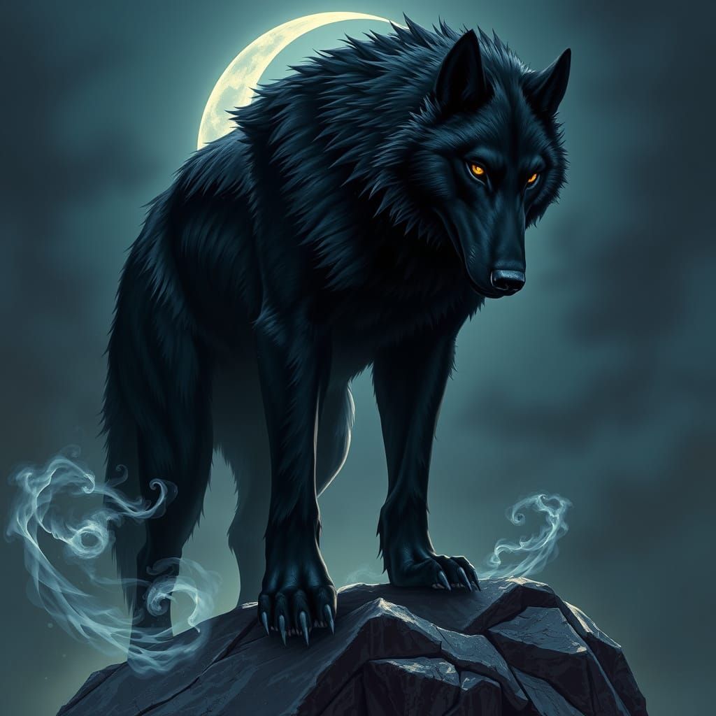 Direwolf on Cliff Under Starry Sky