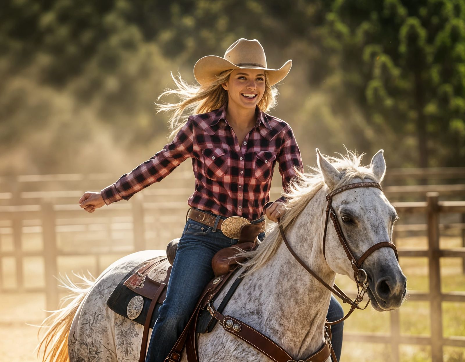 Cowgirl Rides Dappled Horse in Cinematic Style