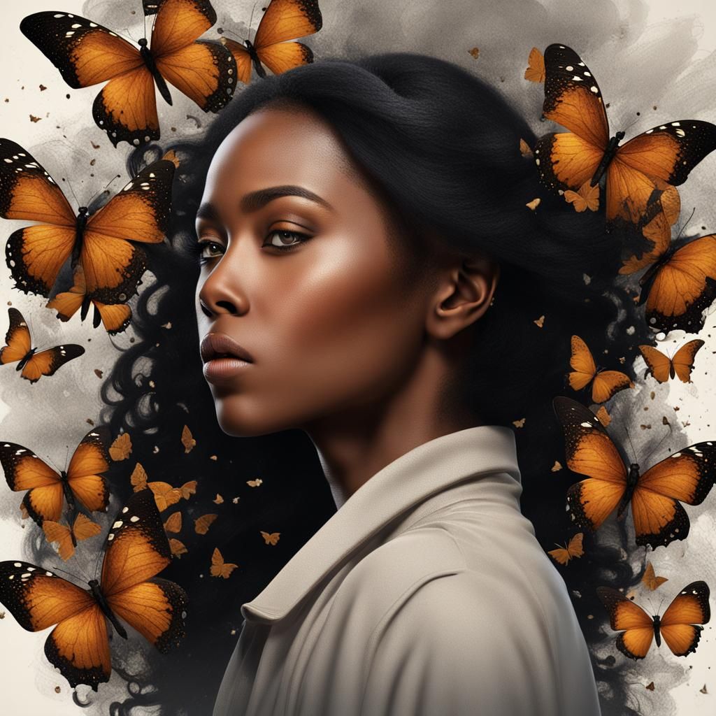 Beautiful African American Woman Portrait with Butterflies