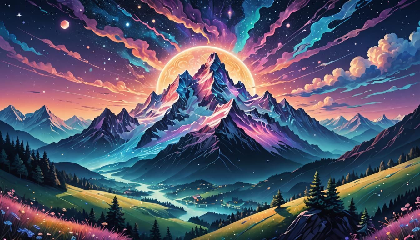 Lyra in Swiss Mountain Landscape: Cosmic Illustration