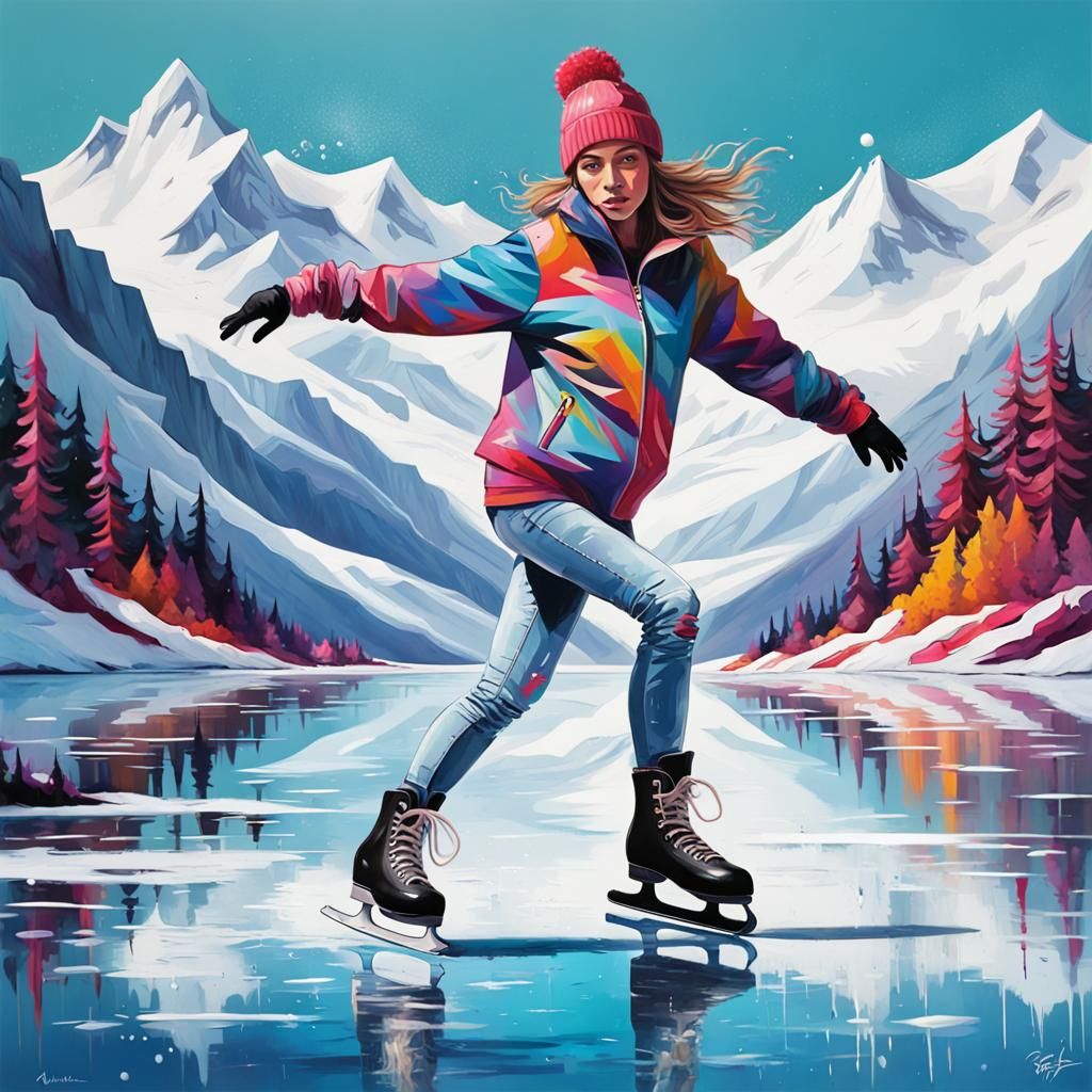 A woman Ice skating on a lake in the mountains