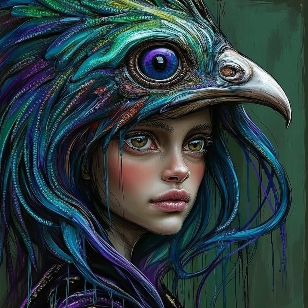 Youthful Face with Bird Hoodie in Fantasy Style