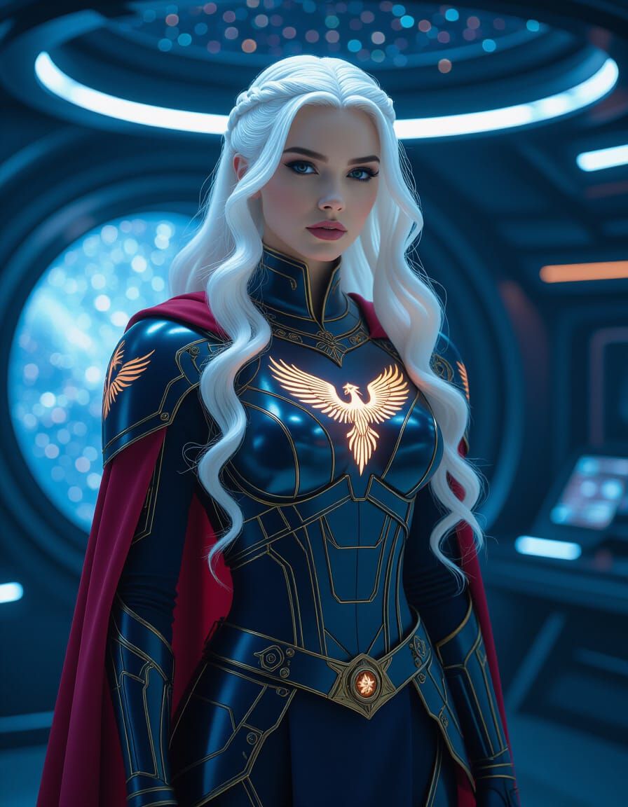 Futuristic Woman in Armor with Celestial Dome