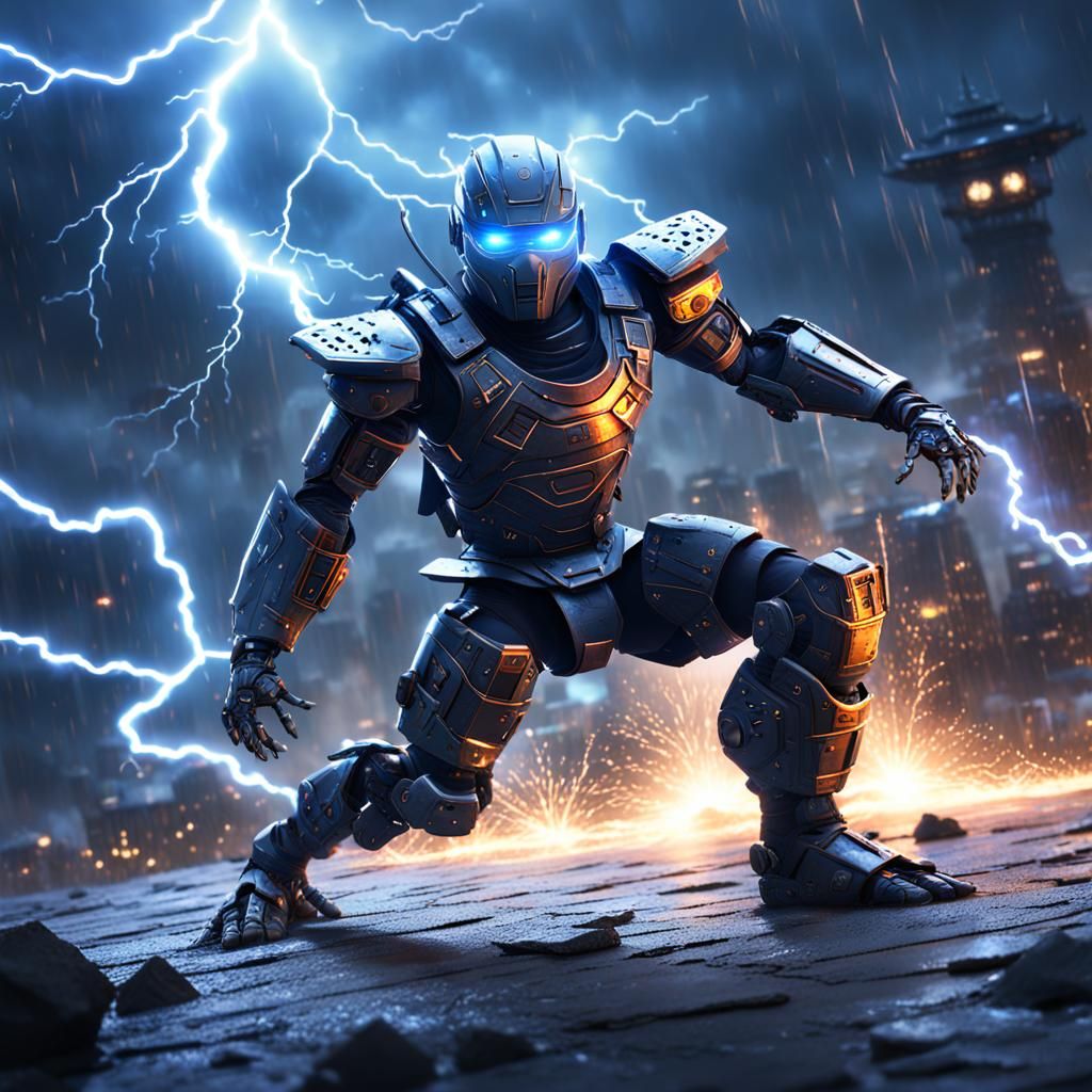 Robot Ninjas Battle in Dreamlike Lightning Storm