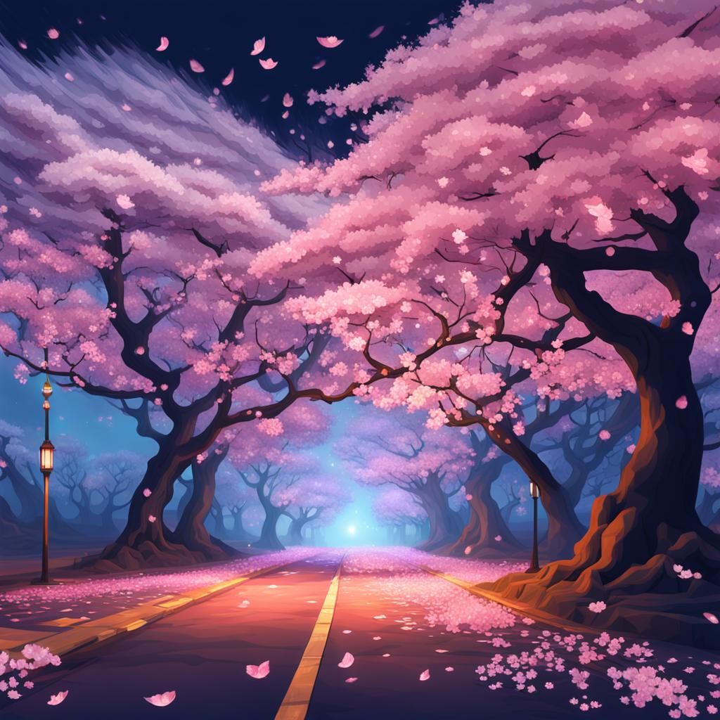 Nighttime Cherry Blossoms in Japan, Surreal Low Poly Style