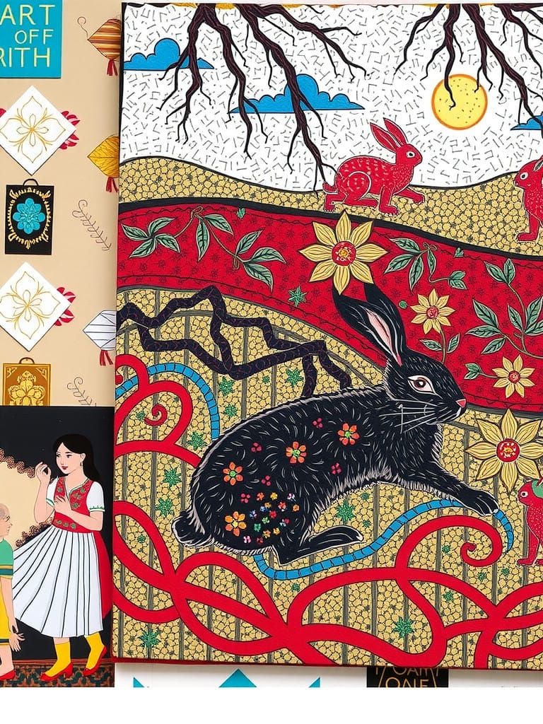 Baroque Gold Leaf Collage of Sunset Rabbit