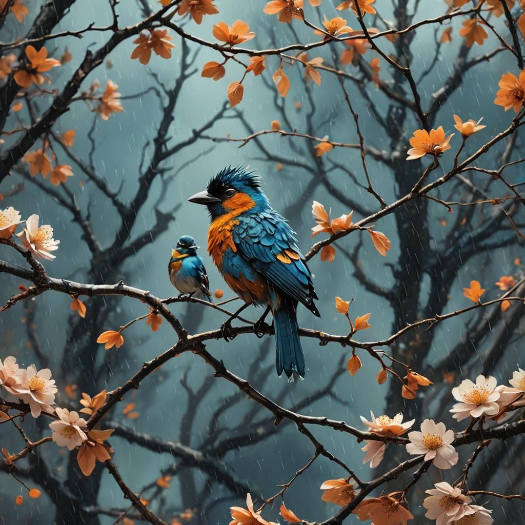 Bird on Blossom Branch in Basquiat Style