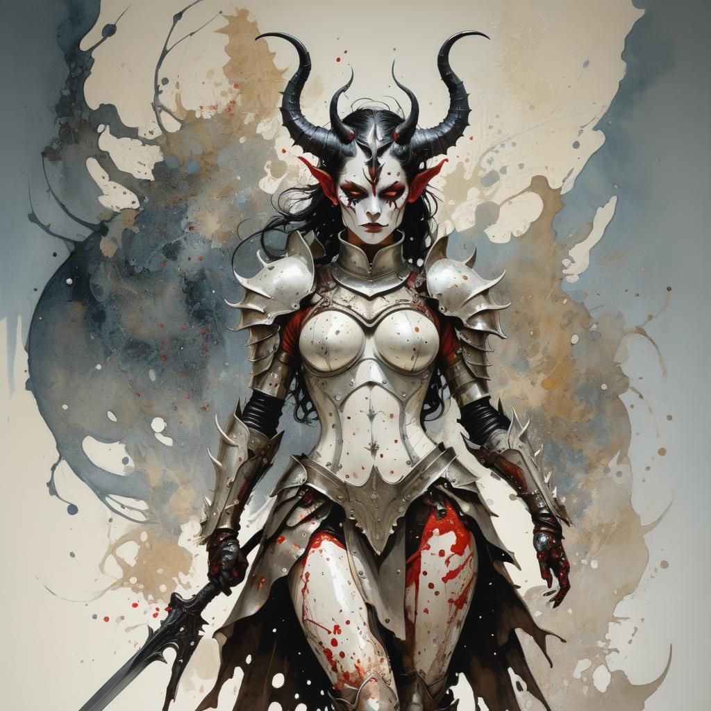 Horned Demon Woman in Armor, Detailed Digital Art