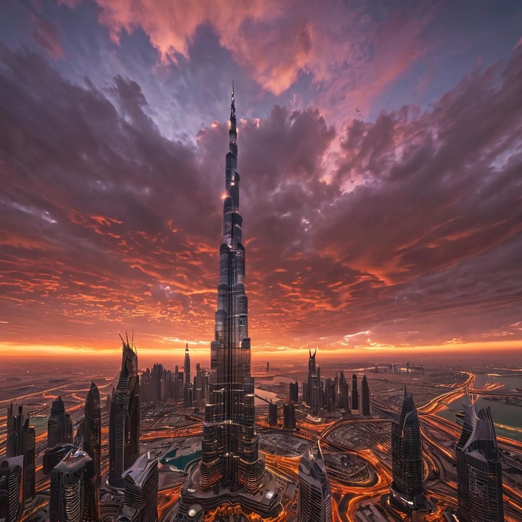 Dubai Skyline: Fiery Sunset Over the Burj Khalifa