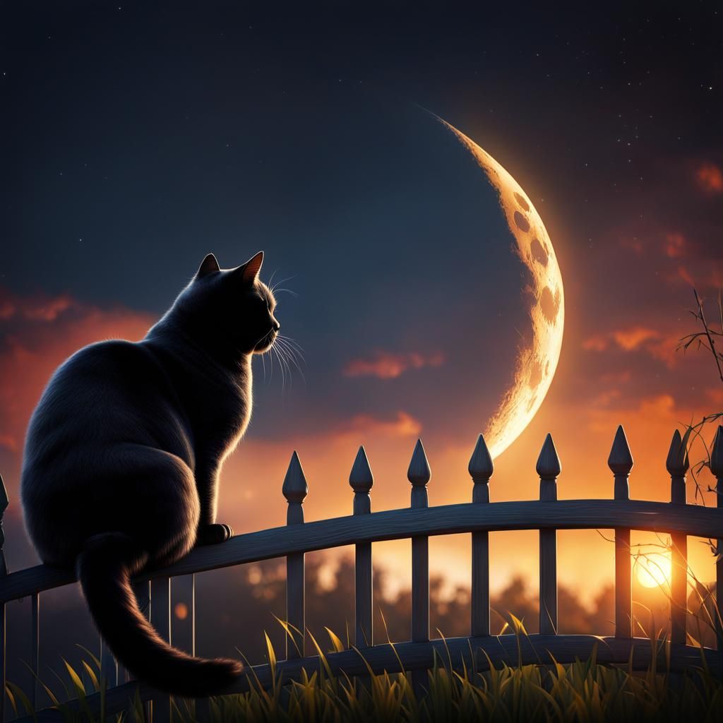 Black Cat Gazing at Moon: Detailed Matte Painting