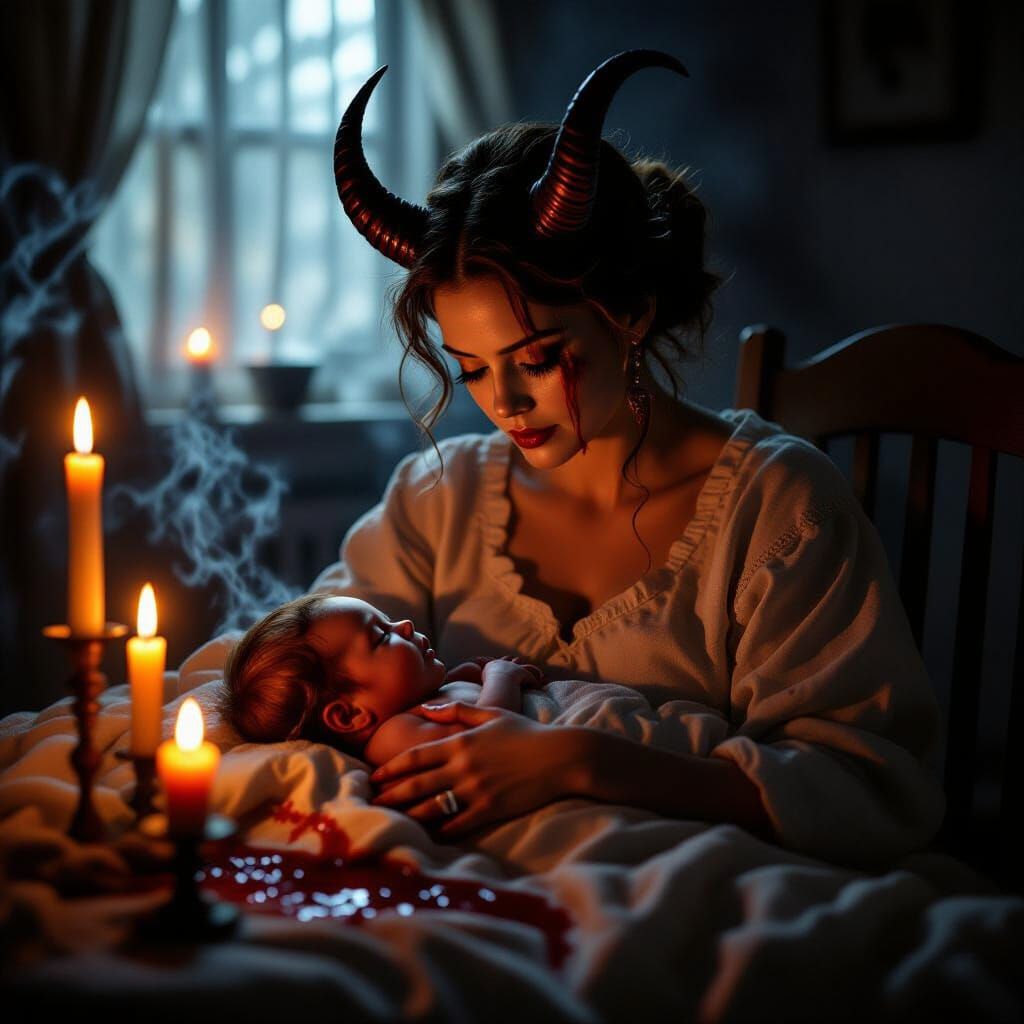 Demonic Infant with Horns in a Dark Nursery