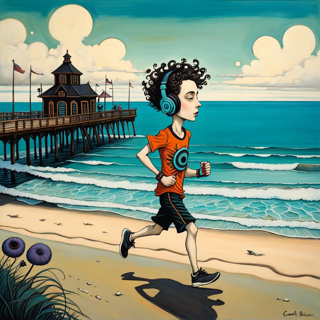 Surreal Beach Jogger with Pier in Psychedelic Folk Art
