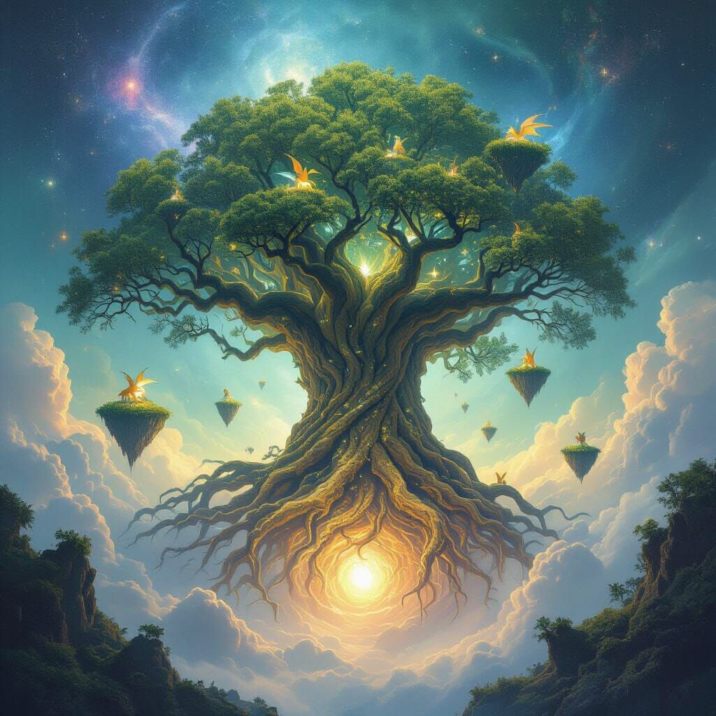 Colossal Cosmic Tree With Floating Islands and Dragons