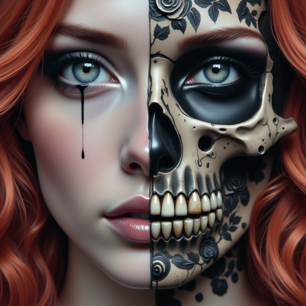 Hyperrealistic Portrait: Woman with Skull Mask