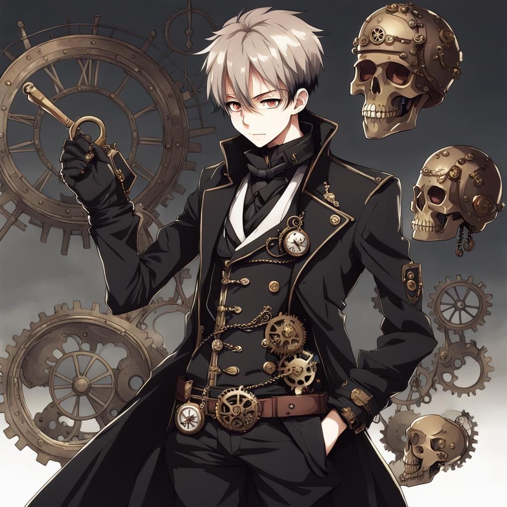 Anime Boy in Steampunk Style with Skull Details