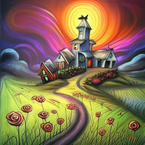 Fantasy Garden with Roses and Storm Clouds