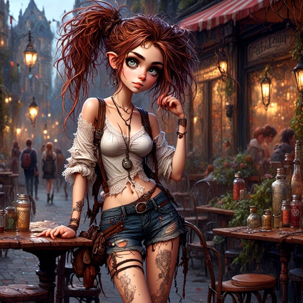 Auburn Haired Student in Cafe, Detailed Digital Painting