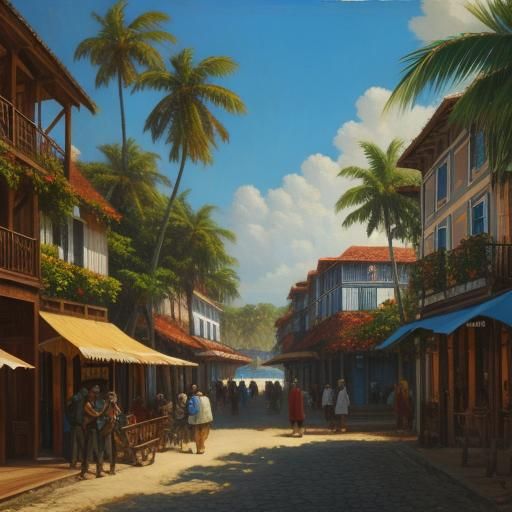 Tropical Colonial Seaport Oil Painting with Natives