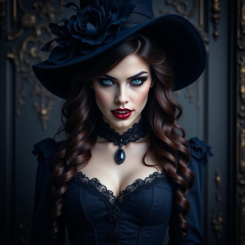Victorian Vampire Woman with Fangs