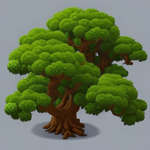 Isometric Oak Tree Game Sprite in Matte Painting Style