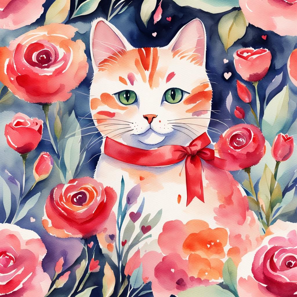 Romantic Watercolor Cat for Valentine's Day