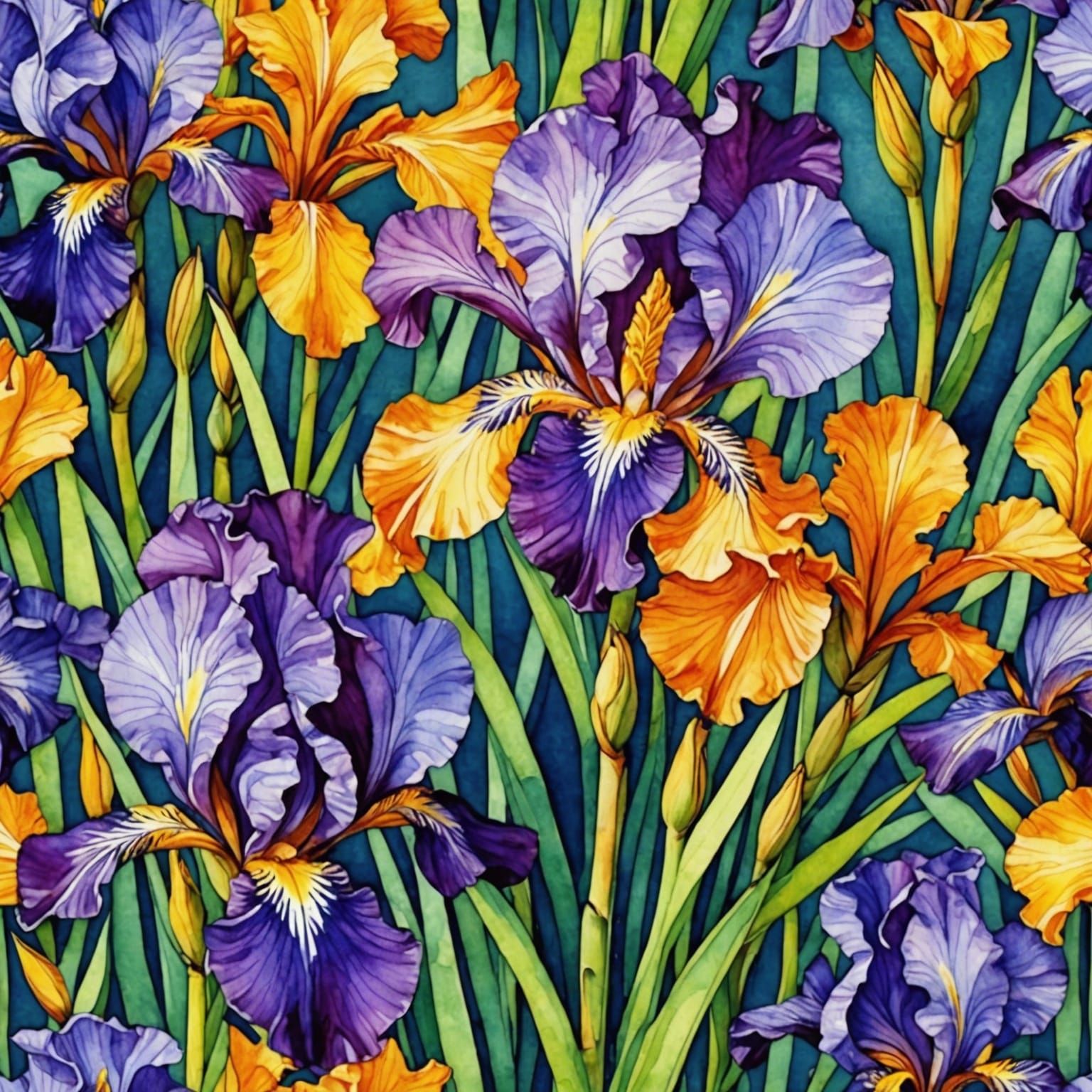 Colorful Irises in Watercolor Style