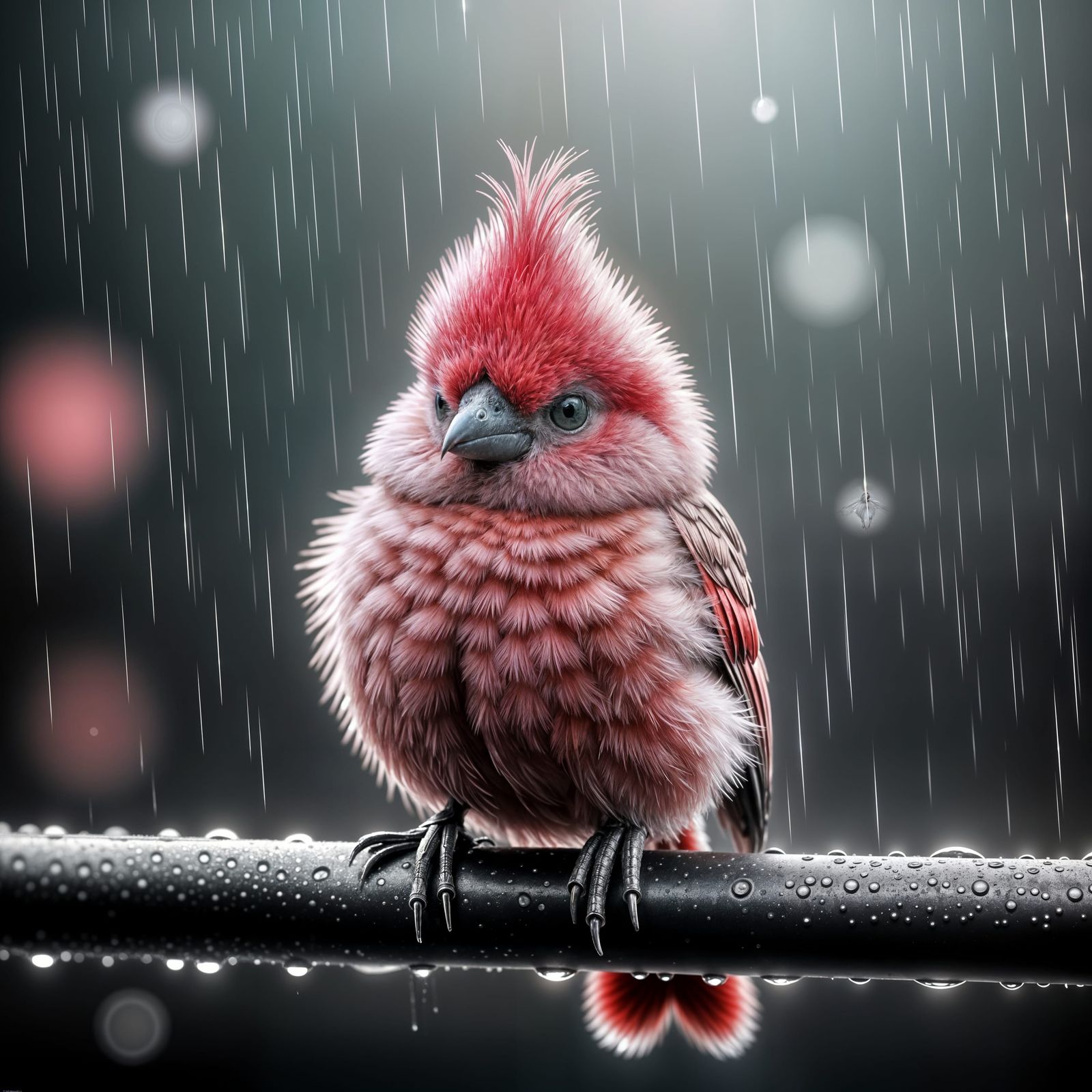 Ethereal Metallic Landscape with a Vibrant Pink Bird