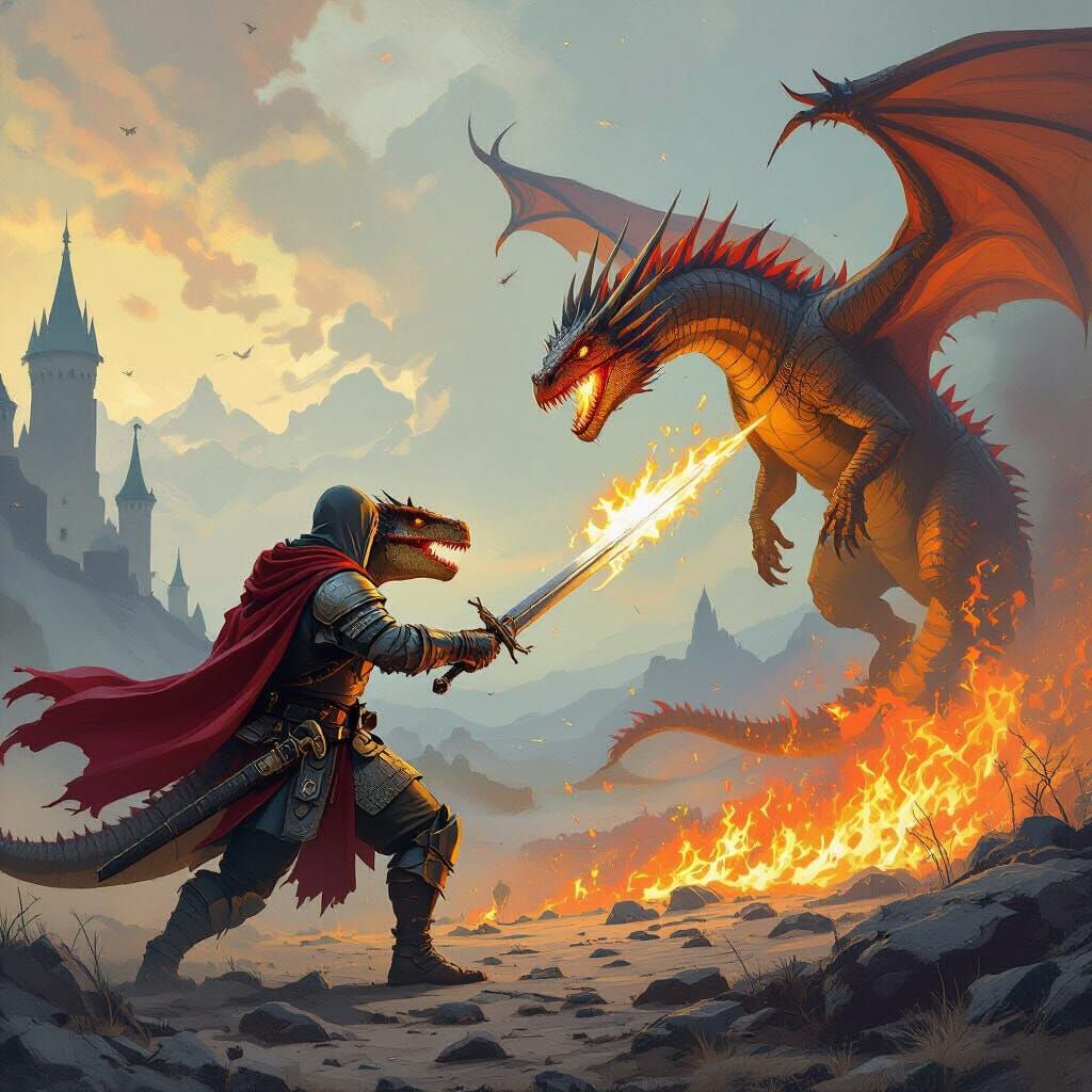 Dinosaur Knight Battles Dragon in Fantasy Landscape