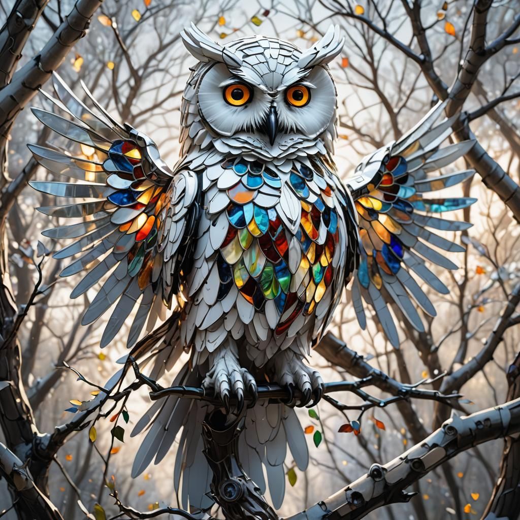 Biomechanical Stained Glass Owl Concept Art