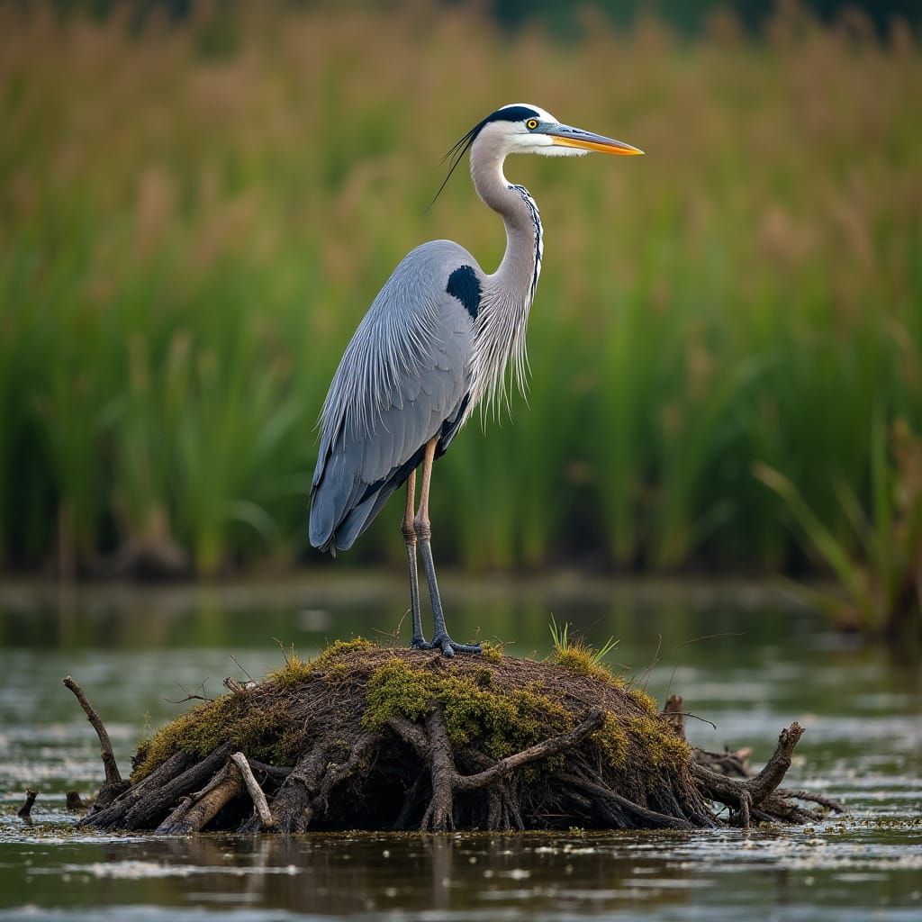 Great Blue Heron in Serene Wetland Photorealistic Style