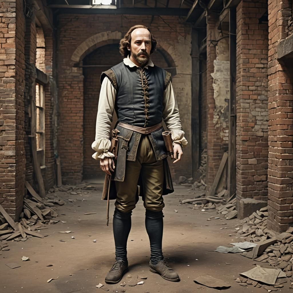 William Shakespeare inspecting old building he bought to convert to a theatre.