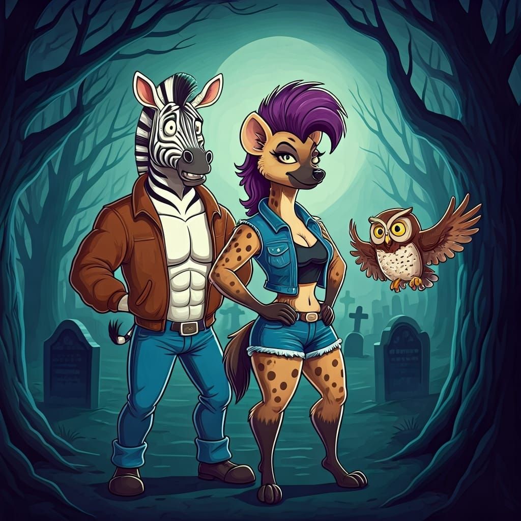 Anthropomorphic Cartoon Hyena, Zebra, and Owl in Graveyard