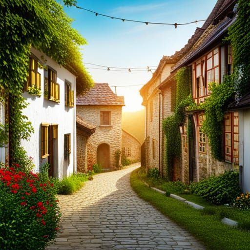 Charming Village with Cobbled Streets and Gardens