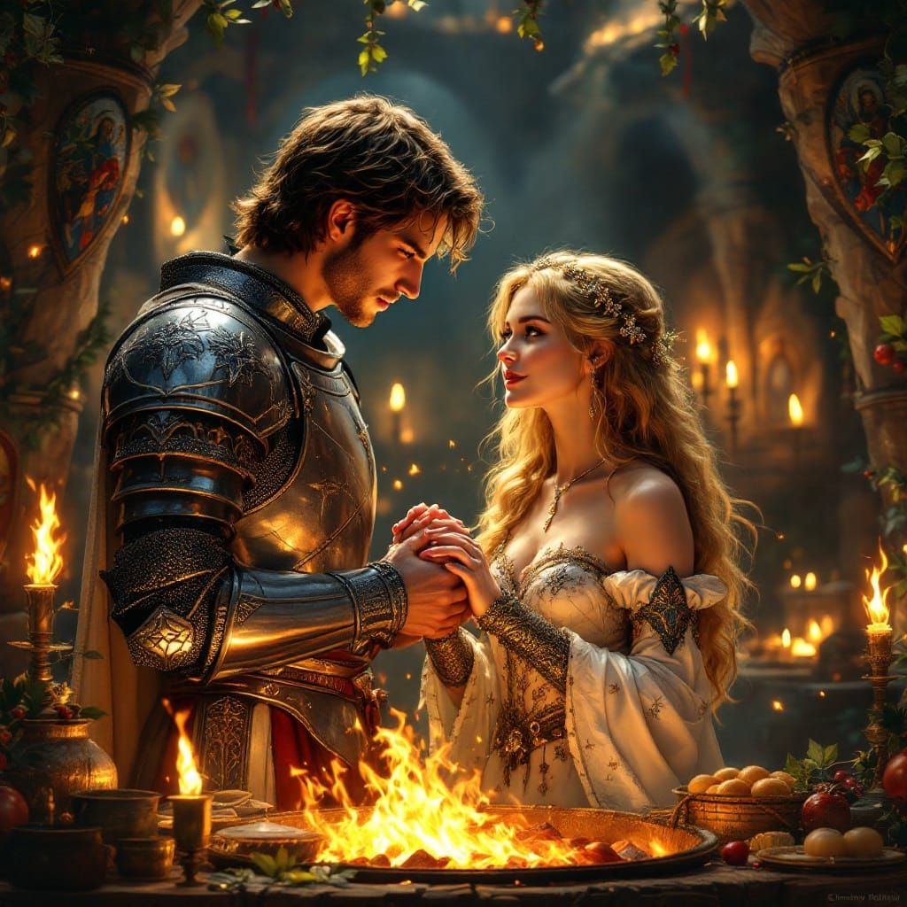 Golden Knight's Devotion in Medieval Mistletoe Scene