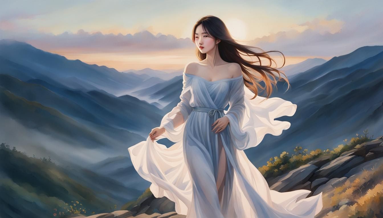 Korean Woman in Watercolor at Twilight