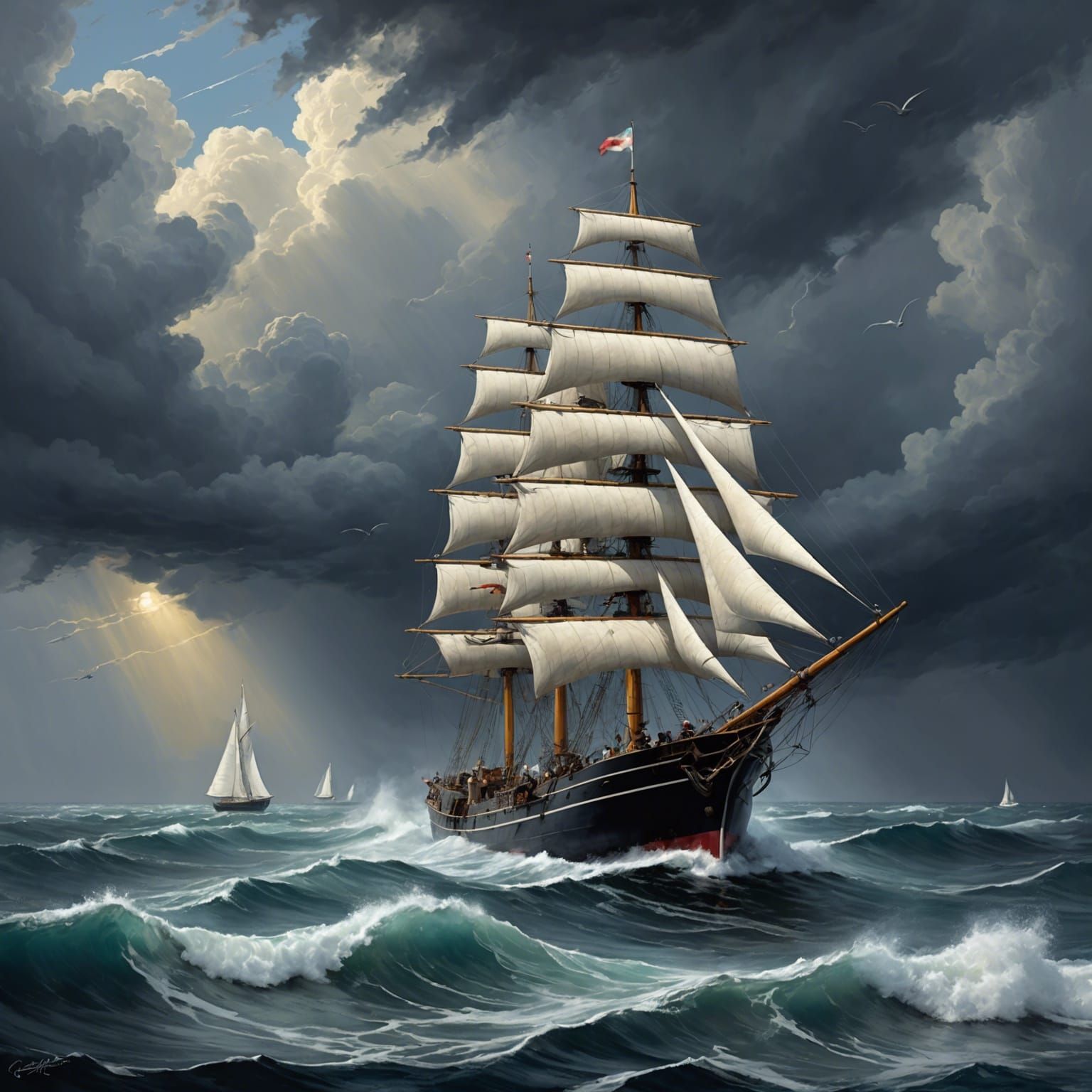 Polish Sailor in Stormy Sea: Retrowave Oil Painting