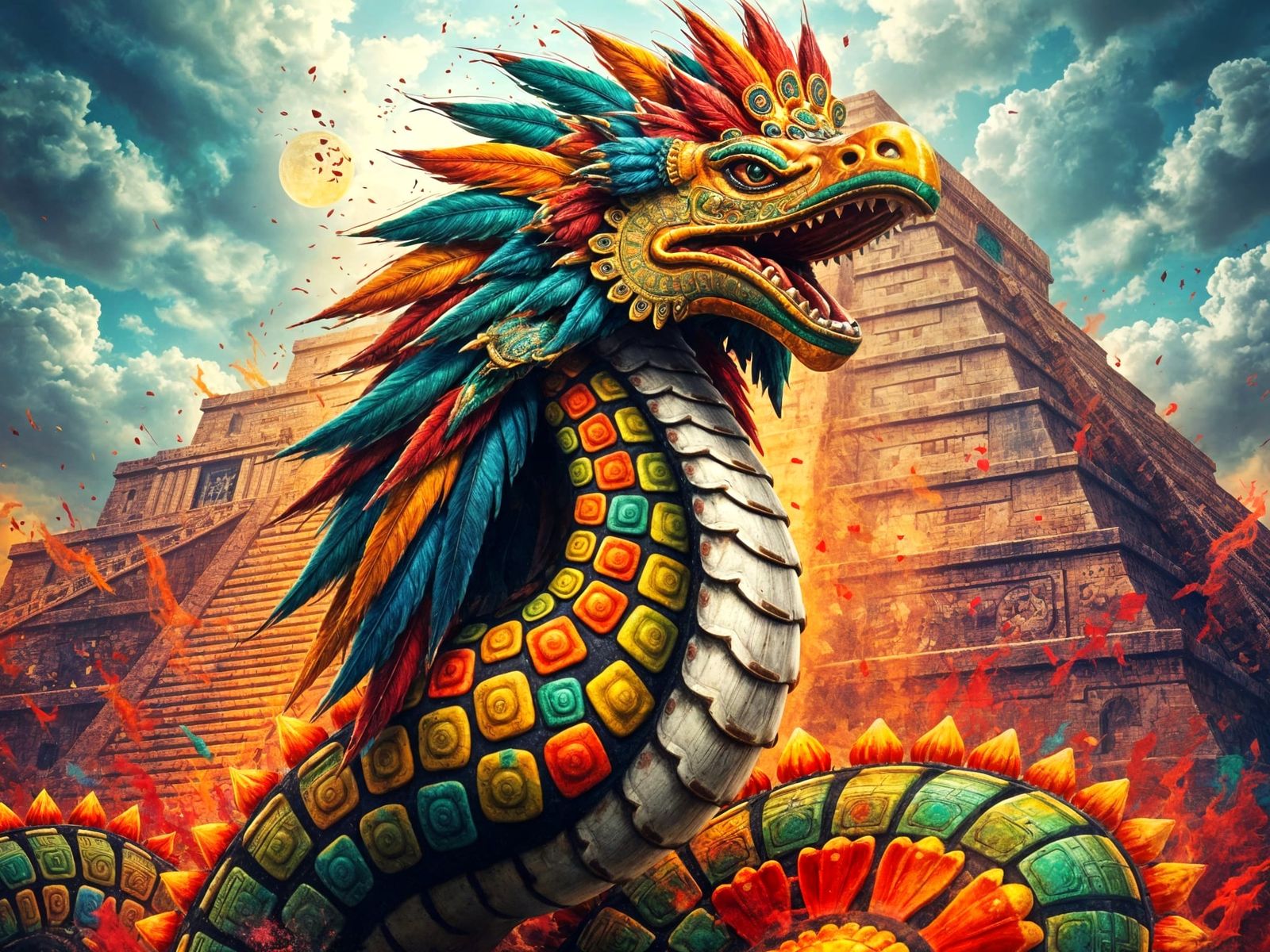 Quetzalcoatl Portrait with Aztec Pyramid Backdrop