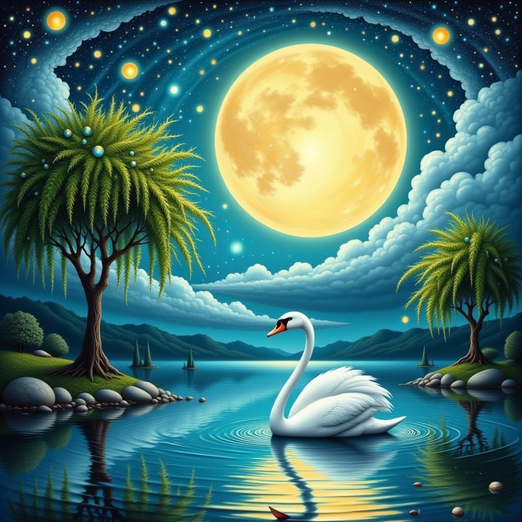 Swan Lake in Moonlight: A Whimsical Oil Painting