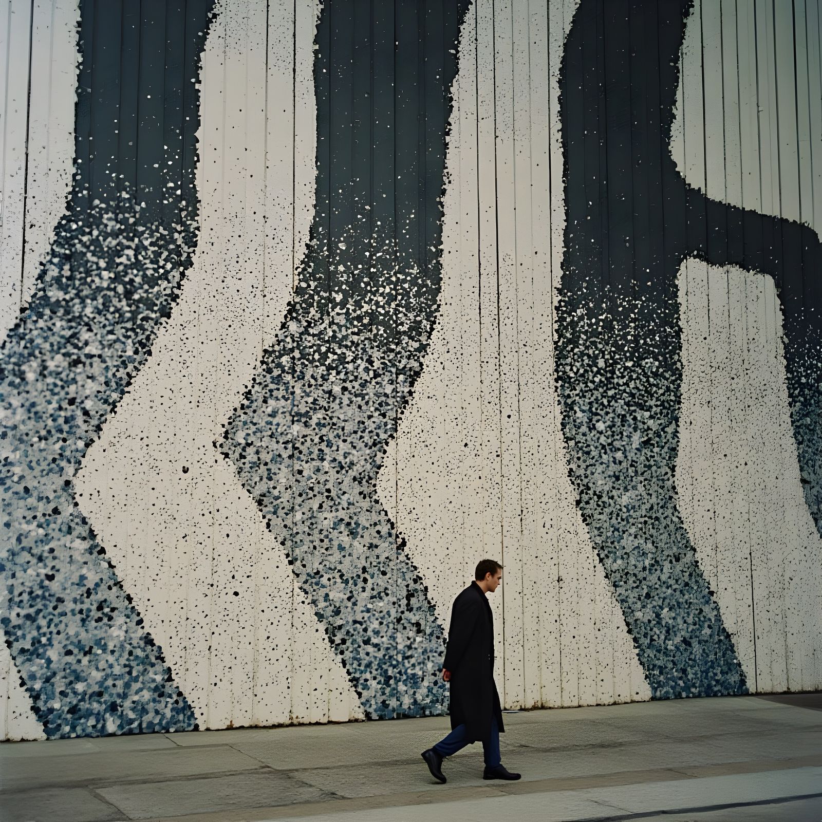 Cinematic Film Still of Person Walking by Striped Building