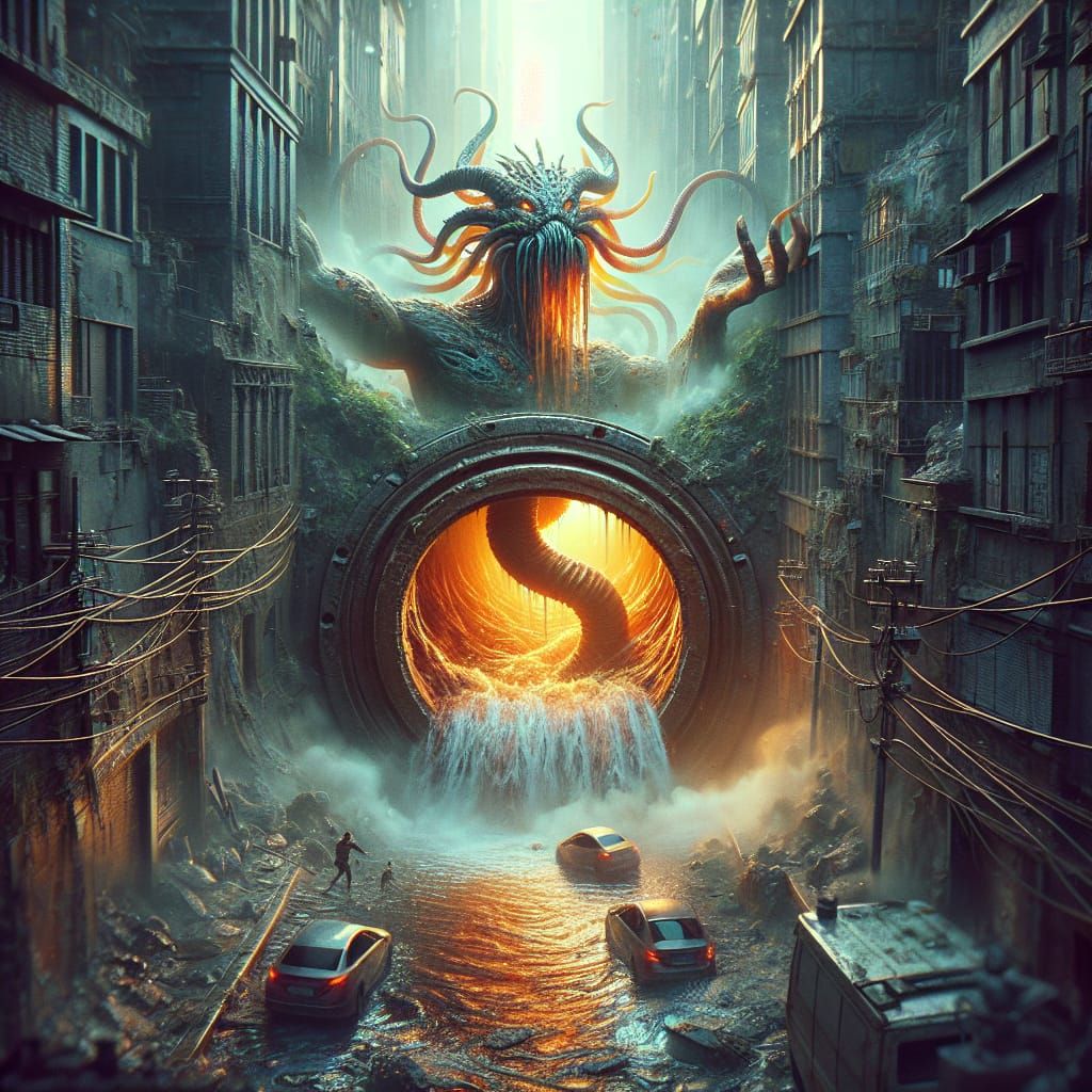 Sewer God Ascends from Dark Depths into Radiant Light