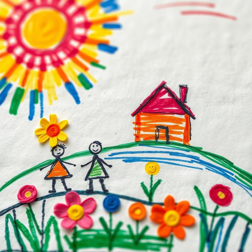 Vibrant Child's Naive Art with Crayon Strokes