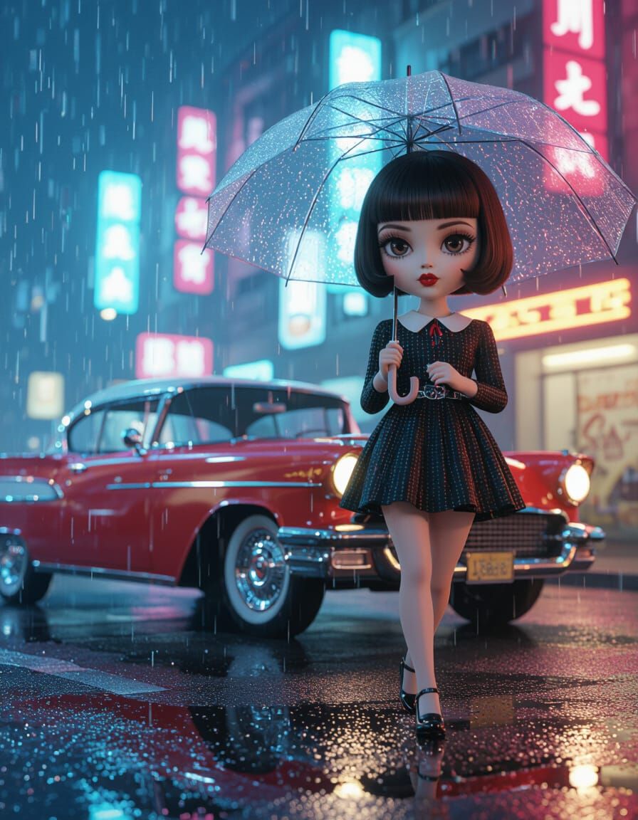 Retro-Fantasy Girl and Vintage Car in Neon City
